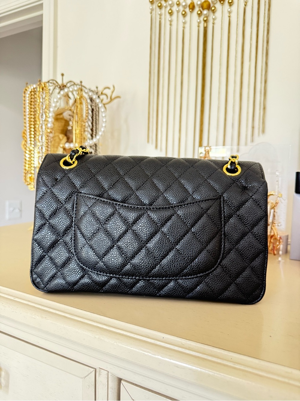 Black Quilted Caviar Leather Shoulder Bag with Shiny Gold Hardware - Picture 4 of 14